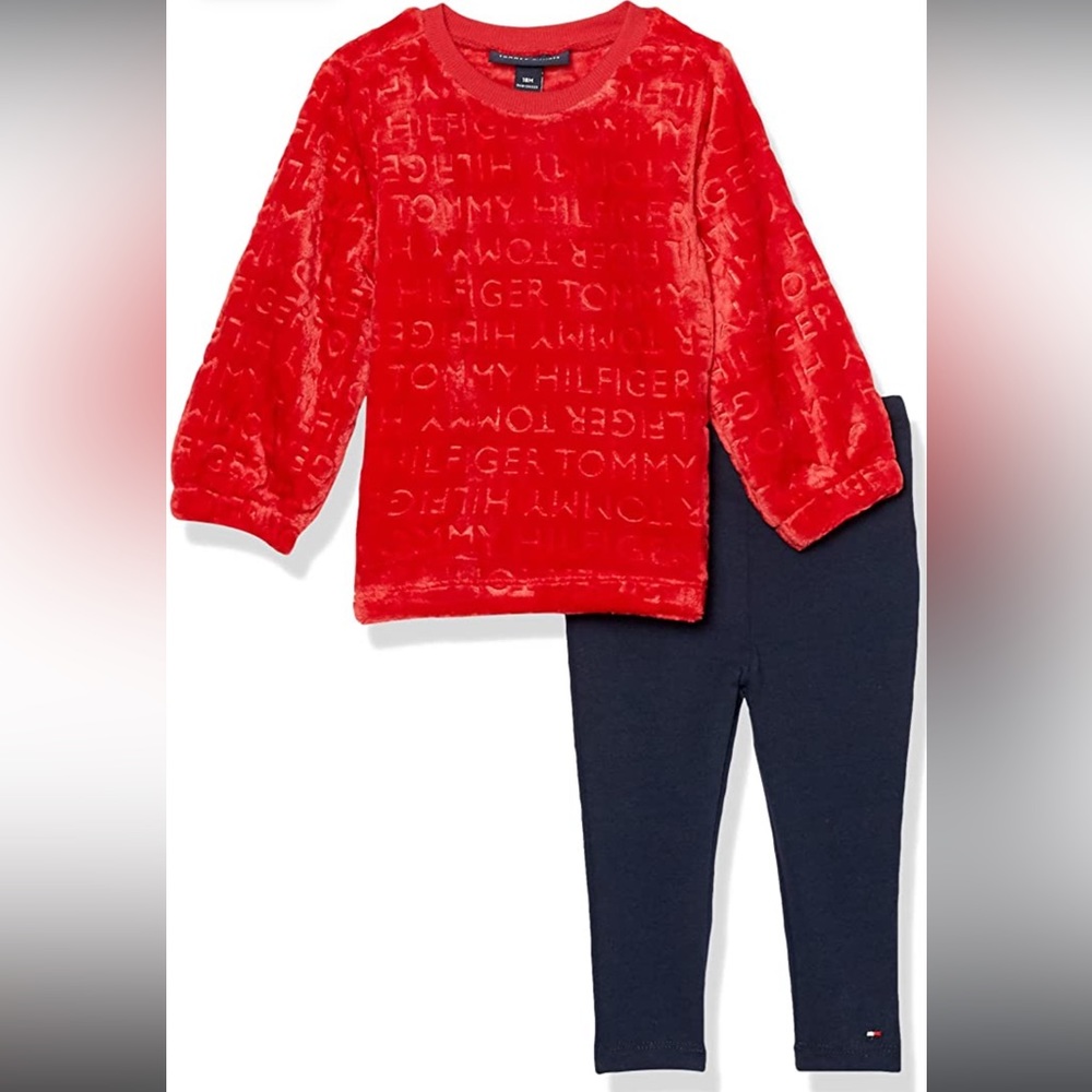 •NWT•Tommy Hilfiger Baby Girl Logo Faux Fur Sweater + Legging 2-Piece Outfit